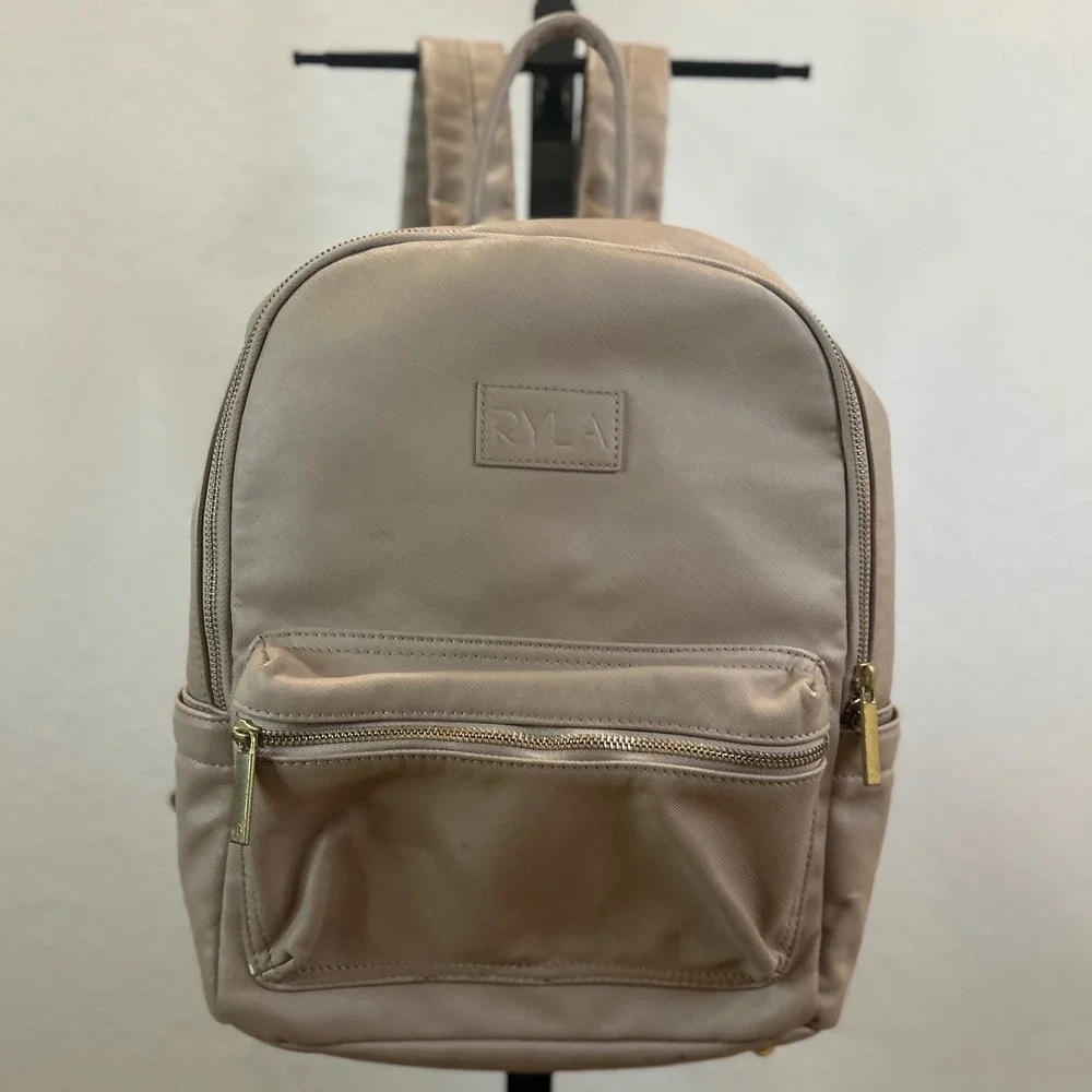 RYLA Baby Bag Taupe Faux Leather Gold Zipper Front‎ Pocket Mini
